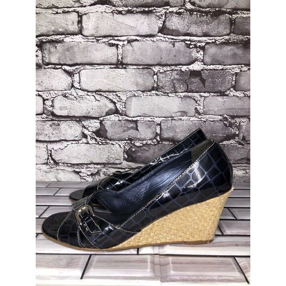 Brighton Riva Blue Croc Patent Leather Espadrille High Wedge Women Sz 9M US/40EU - Picture 11 of 16